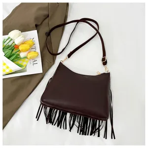 Detailed view of the brown fringe shoulder bag with metallic hardware and stylish tassel design.