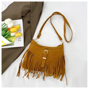 Vintage Fringe Crossbody Bag Women Brown Suede Shoulder Bag Casual Retro Handbag