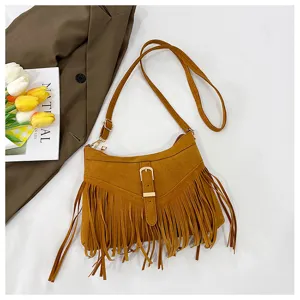 Retro suede fringe crossbody bag for women, stylish vintage shoulder bag with metal buckle.