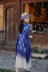 Εθνοτικό στιλ μπλε tie dye τυπωμένη κάπα σάλι γυναικείο ρετρό πόντσο αντιηλιακής προστασίας