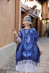 Εθνοτικό στιλ μπλε απομίμηση tie-dye στάμπα κάπα αντηλιακή σάλι με κρόσσια γυναικεία