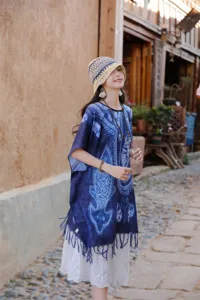Εθνοτικό στιλ μπλε tie-dye εκτύπωση πόντσο κάπα αντηλιακό σάλι για γυναίκες εξωτερικού