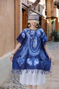 Εθνοτικό μπλε tie-dye print πόντσο σάλι, ρετρό vintage κάπα αντηλιακής προστασίας για γυναίκες.