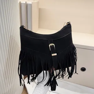 Retro Polyester Fringe Crossbody Bag For Women Western Style Tassel Shoulder Bag Elegant Stitching Casual Commuting Purse