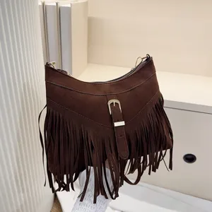 Chic brown suede fringe shoulder bag for women, vintage retro crossbody bag with metal buckle.