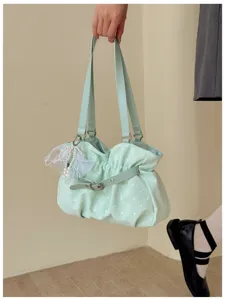 Borsa a spalla verde chiaro a pois con pieghe e ciondolo di perle stile coreano per donna chic.