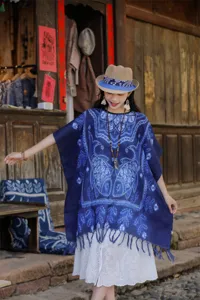 Μπλε tie-dye εθνοτικό στυλ γυναικεία κάπα σάλι με φούντες ρετρό πόντσο αντηλιακή κάλυψη