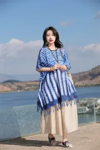 Εθνοτικό στιλ μπλε tie-dye τυπωμένο γυναικείο πόντσο σάλι αντηλιακή κάπα φουλάρι.