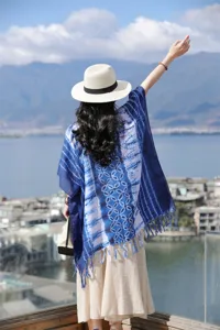 Μπλε λευκό βαφή γραβάτας εκτύπωση boho στιλ πόντσο σάλι κάπα για γυναίκες ρούχα παραλίας