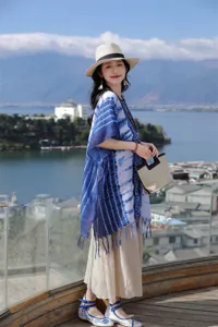 Εθνοτική μπλε λευκή κάπα σάλι αντηλιακή tie-dye για γυναίκες καλοκαίρι εξωτερική χρήση