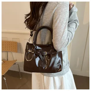 Retro brown oil leather handbag for women, large capacity stylish shoulder crossbody bag.