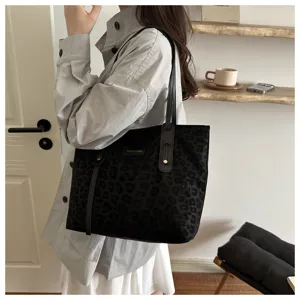 Women black leopard print tote bag stylish shoulder bag for daily casual commuter work.
