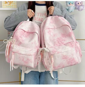 Zaino rosa tie-dye con stelle per donna, borsa scolastica carina con fiocco in pizzo e perle.