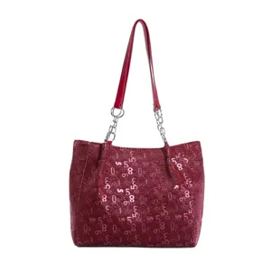 Red large capacity tote bag with sequin number pattern, stylish shoulder bag for women.