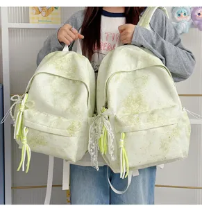 Zaino tie-dye con stelle verde chiaro per ragazze, grande capacità, borsa scolastica in pizzo.