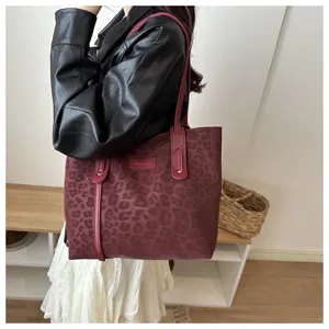 Women wine red leopard print tote bag retro commuter large shoulder bag autumn fashion style