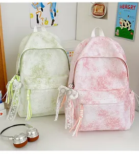 Zaino scolastico carino stile coreano con stampa stella tie-dye e fiocco, grande capacità.