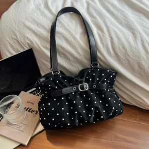 Borsa a spalla nera a pois, borsa a mano plissettata casual sotto il braccio con fibbia elegante.