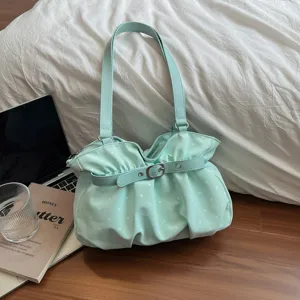 Borsa a spalla verde menta a pois, elegante borsa a mano con fibbia di cintura.
