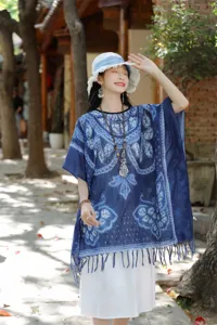 Εθνοτικό μπλε tie-dye print πόντσο κάπα για γυναίκες vintage σάλι αντηλιακής προστασίας