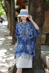 Γυναικεία εθνοτική μπλε λευκή tie-dye εκτύπωση κάπα σάλι προστασίας ήλιου vintage πόντσο