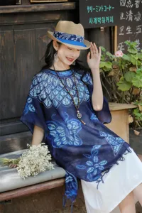 Μπλε tie dye print poncho shawl εθνικό vintage στυλ αντηλιακή κάπα για γυναίκες καλοκαίρι