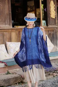 Εθνοτικό σάλι πόντσο με κρόσσια, ρετρό μπλε boho κάπα για γυναίκες το καλοκαίρι.