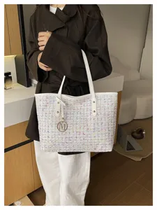 Stylish tweed checkerboard shoulder tote bag with white leather trim and metal M charm.