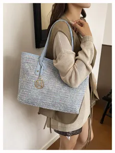 Stylish tweed shoulder bag for women, large capacity casual tote bag with blue leather trim.