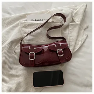 Solid Color Retro Women Shoulder Bag Vintage Glossy PU Leather Baguette Handbag