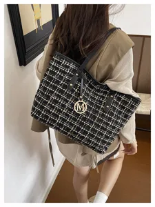 Stylish tweed shoulder tote bag for women, large capacity plaid handbag with chic metal charm.