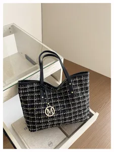 Classic tweed plaid shoulder tote bag for women, large capacity stylish handbag with handle.