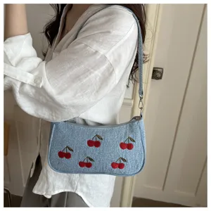 Denim shoulder bag with sweet cherry embroidery, vintage style casual crossbody handbag.