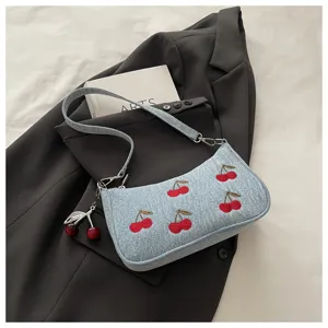 Vintage blue denim cherry embroidered shoulder bag cute casual hobo handbag for women daily wear