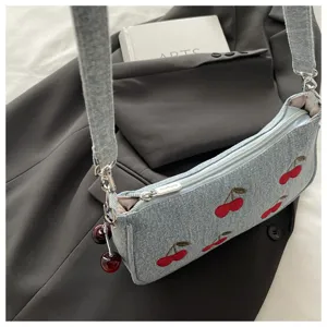 Cherry Denim Shoulder Bag Vintage Casual Chic Crossbody Bag With Cute Embroidery