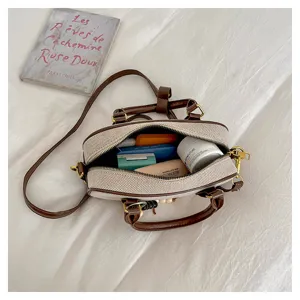 Elegante Bolso Boston de Lona y Cuero Marrón Bolso Bandolera Casual para Mujer