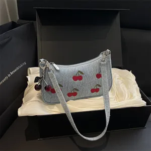 Women Vintage Denim Cherry Embroidered Boston Bag Niche Top Handle Crossbody Shoulder Bag With Pendant Fashion
