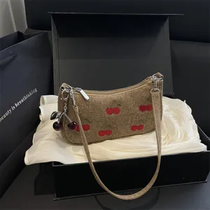 Vintage brown denim shoulder bag with cute embroidered cherries and cherry charm for women style.