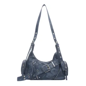 Borsa a tracolla stile moto rétro Y2K, elegante borsa da donna con fibbie e tasche.