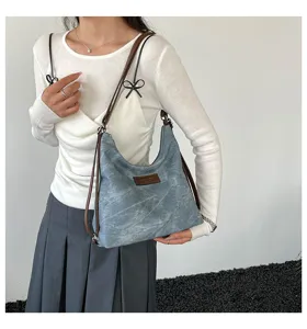 Borsa a tracolla vintage di grande capacità per donna, elegante borsa casual blu scuro.
