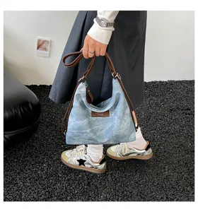 Borsa a tracolla vintage in denim casual da donna, grande capacità elegante borsa.