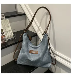Borsa a tracolla casual in tela di jeans retro, zaino capiente multifunzione da donna.