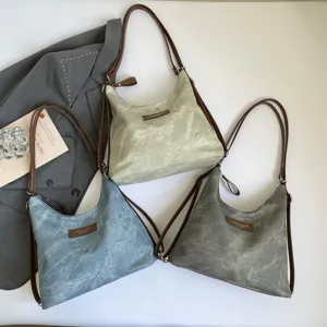 Borsa tote in tela vintage con cinturini in pelle marrone, elegante borsa casual multicolore.