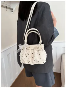 Korean style polka dot pleated handbag women chic shoulder crossbody bag with bow and pearl.