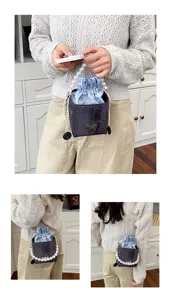 Stylish summer women bucket bag with pearl handle, denim inner pouch, and cute crossbody design.