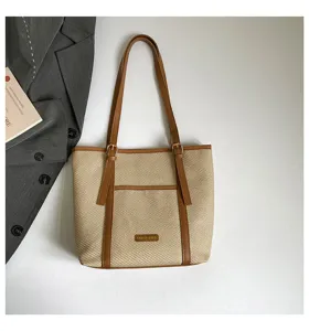 Bolso tote grande de lona para mujer, elegante bolso de hombro casual con bolsillo.