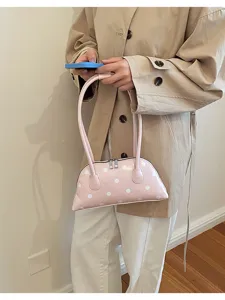 Chique roze polkadot bowlingtas voor dames, stijlvolle kleine handtas met dubbele handvatten.