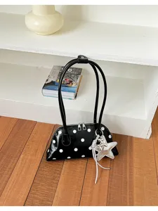 Koreaanse zoete stijl zwarte polkadot bowling handtas met zilveren sterhanger voor dames.