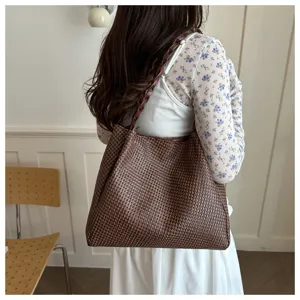 Dark brown woven shoulder bag, large capacity casual daily commuter handbag for women.