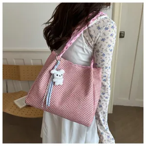 Stylish pink woven shoulder tote bag for women daily commute casual handbag with cute bunny.